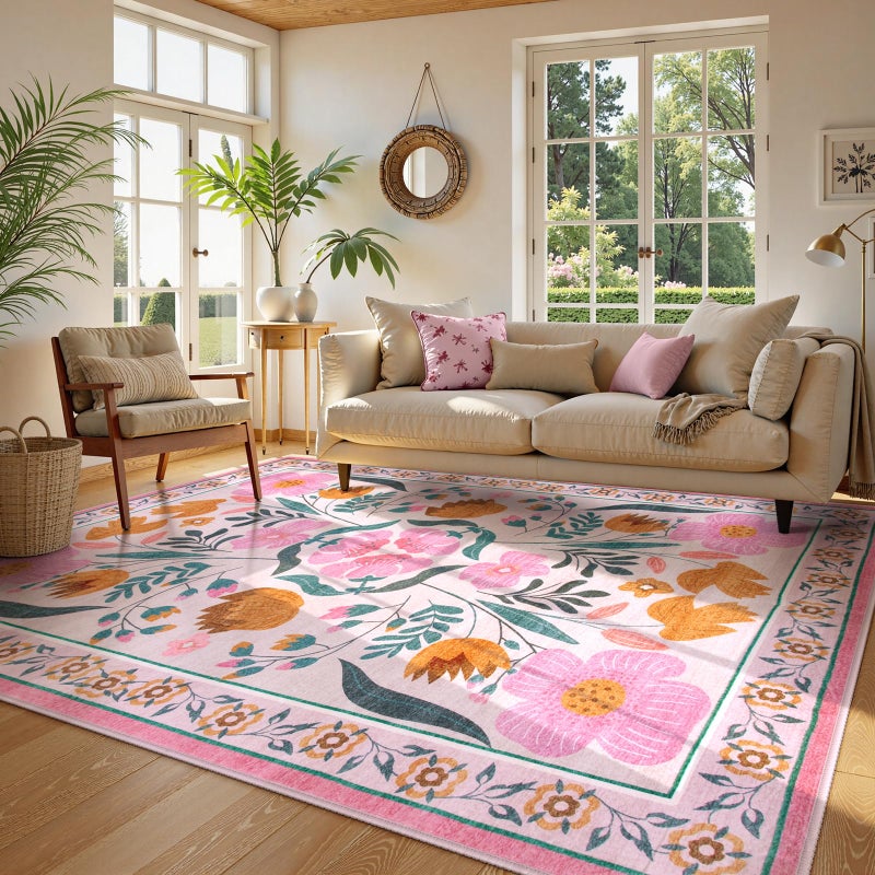 Beeiva Pink Rug 8 x 10 Rug for Living Room, Soft Washable Area Rugs Ultra Thin with Low Plie, Flower Large Non Slip Throw Carpet for Bedroom Nursery Playroom Classroom DÃ©cor (Pink,8'x10) - Image 2