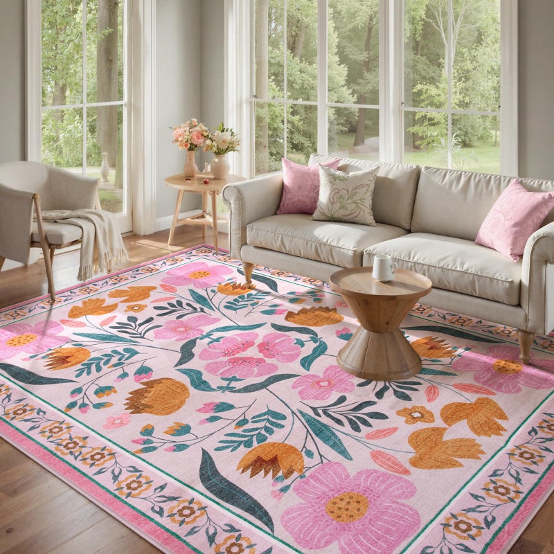 Beeiva Pink Rug 8 x 10 Rug for Living Room, Soft Washable Area Rugs Ultra Thin with Low Plie, Flower Large Non Slip Throw Carpet for Bedroom Nursery Playroom Classroom DÃ©cor (Pink,8'x10) - Image 1