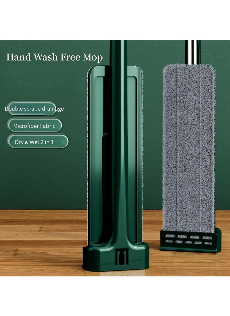 Microfibre Flat Floor Mop 360° Rotatable Wet and Dry for Hardwood Extendable Handle With Dewatering Cleaning Scraper With 4pc Reusable Microfiber Pads (Green)