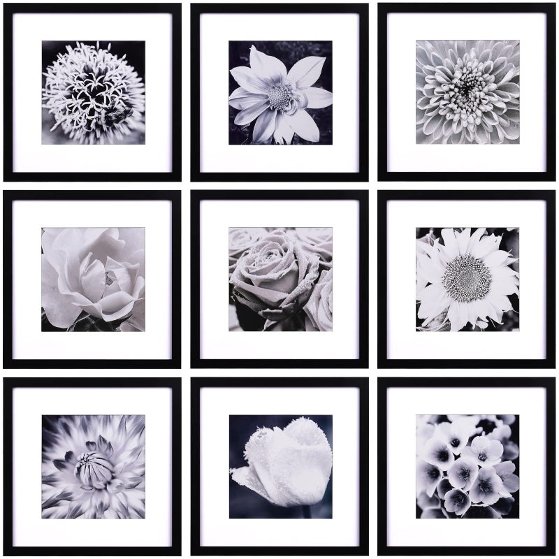 Yaetm 12x12 Picture Frames Black Set of 9 Square Photo Frame Displays 8x8 with Mat or 12x12 without Mat Gallery Wall Frame Set for Wall Hanging