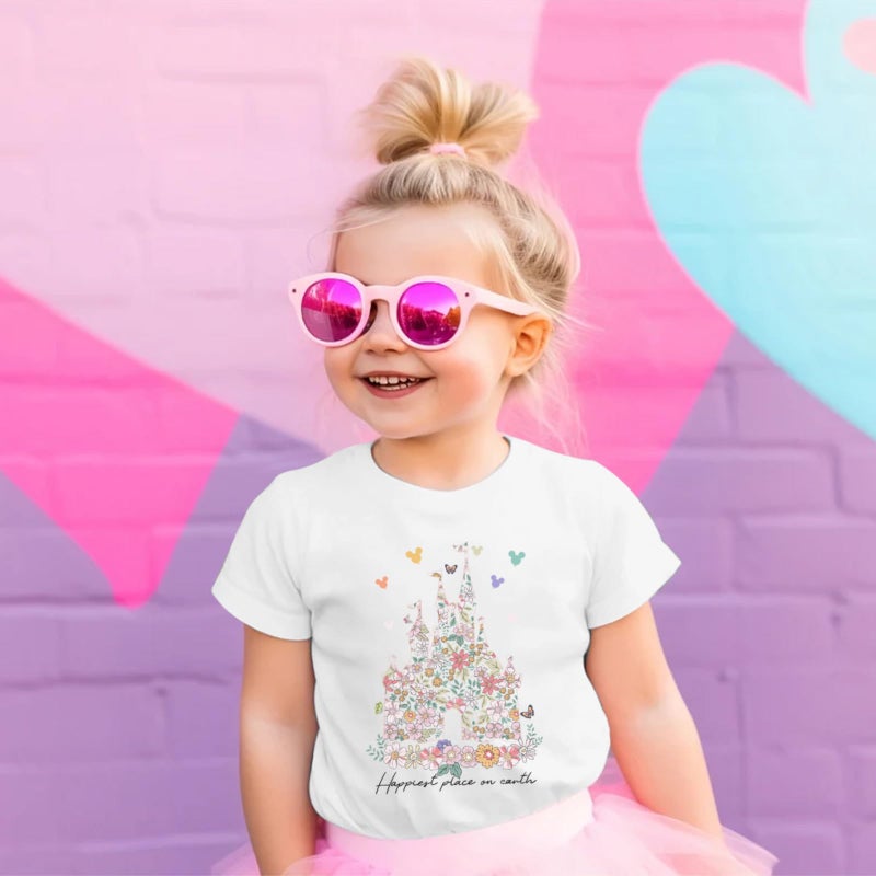 Vieawfi Magic Kingdom Shirts for Girls Floral Magical Castle Graphic Cute Tshirt Kids Flower Holiday Vacation Trip Tee Tops(White,140) - Image 3