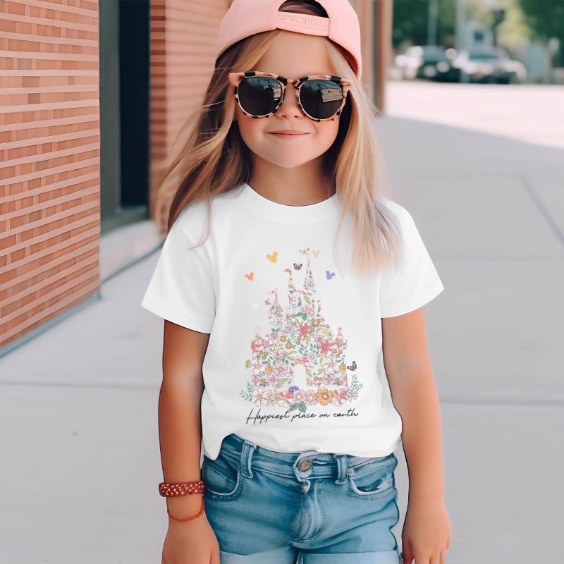 Vieawfi Magic Kingdom Shirts for Girls Floral Magical Castle Graphic Cute Tshirt Kids Flower Holiday Vacation Trip Tee Tops(White,140) - Image 2