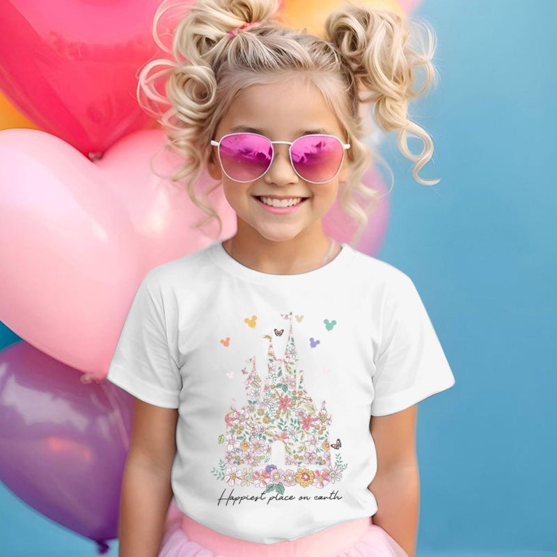 Vieawfi Magic Kingdom Shirts for Girls Floral Magical Castle Graphic Cute Tshirt Kids Flower Holiday Vacation Trip Tee Tops(White,140) - Image 4