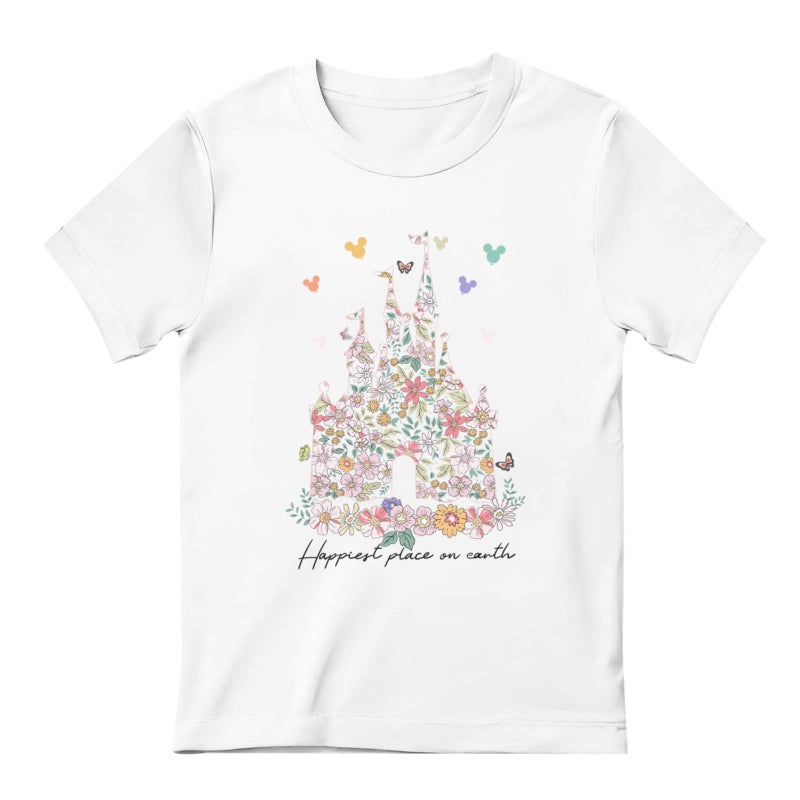 Vieawfi Magic Kingdom Shirts for Girls Floral Magical Castle Graphic Cute Tshirt Kids Flower Holiday Vacation Trip Tee Tops(White,140) - Image 1