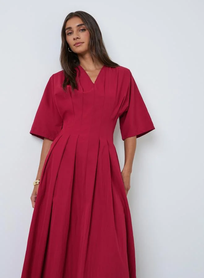 Styli Burgundy A-Line Maxi Dress with Fold Pleats