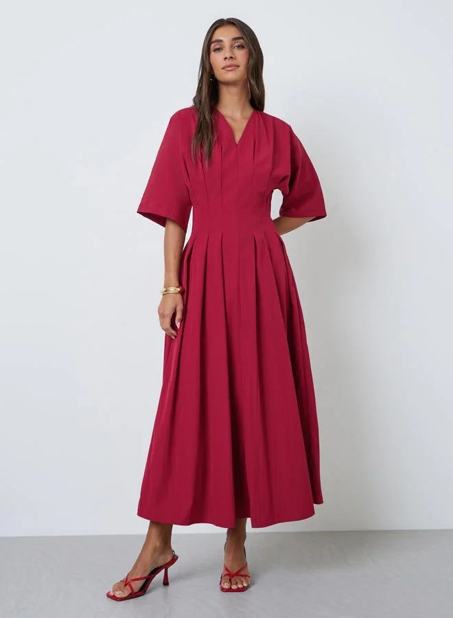 Styli Burgundy A-Line Maxi Dress with Fold Pleats