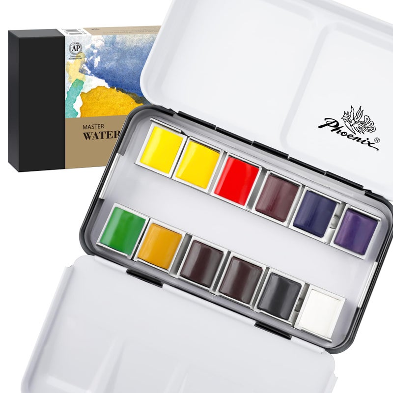 PHOENIX Professional Watercolor Paint Set 12 Colors Half Pan Water Color Paint Palette with Tin Box Portable Travel Watercolors for Adults Artists