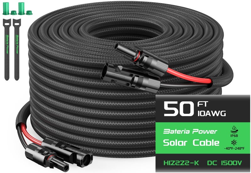 Bateria Power 1 Pair 50FT Solar Cables, 10 Gauge Solar Extension Cable with IP68 Female & Male Waterproof Connectors and Dust Caps for RV, Photovoltaic Systems - Image 1