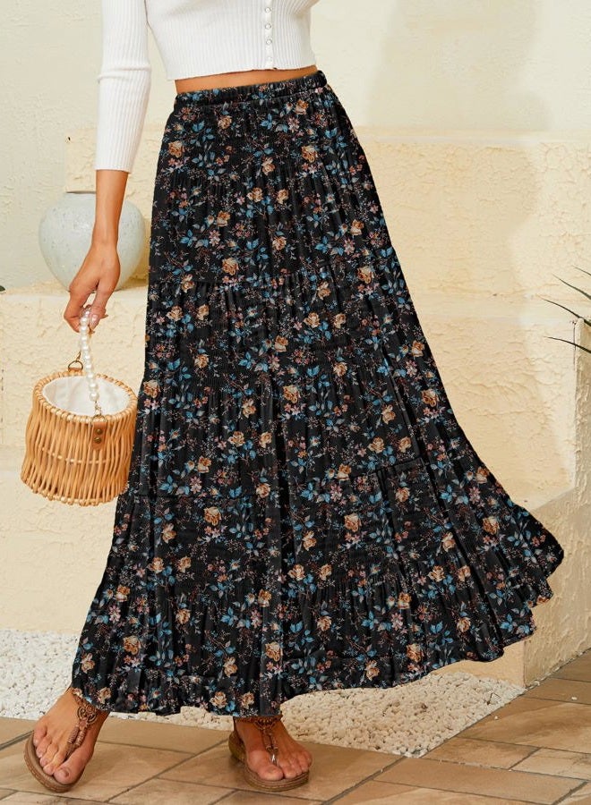 NASHALYLY Women's Chiffon Elastic High Waist Pleated A-Line Flared Maxi Skirts, Black Gold Floral, S - Image 2