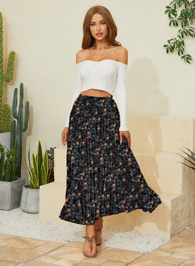 NASHALYLY Women's Chiffon Elastic High Waist Pleated A-Line Flared Maxi Skirts, Black Gold Floral, S - Image 3