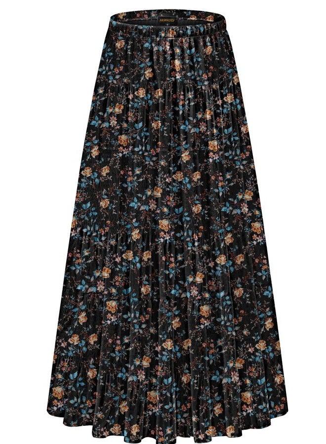 NASHALYLY Women's Chiffon Elastic High Waist Pleated A-Line Flared Maxi Skirts, Black Gold Floral, S - Image 1