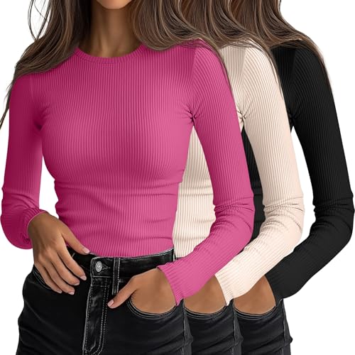 Ficerd 3 Pack Womens Ribbed Long Sleeve Tops Crew Neck Slim Fit Knit Undershirts Basic Casual Stretch Layering Tee ShirtsBlack Cream Rose PinkSmall - Image 1