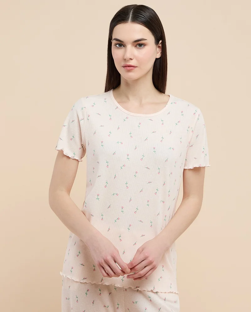 R&b Printed Sleep Top with Crew Neck and Short Sleeves