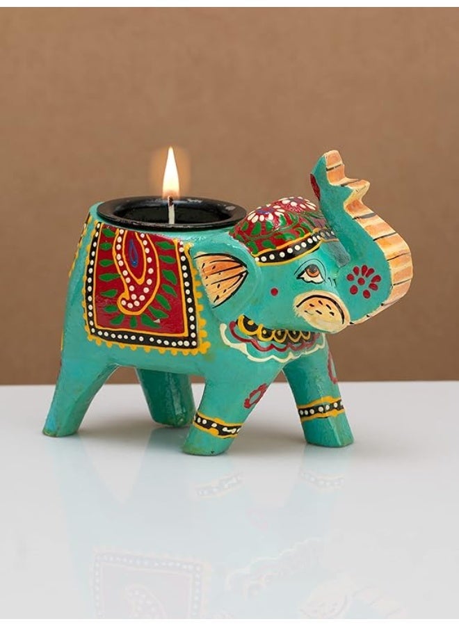 Artezaa Hand-Painted Wooden Elephant T-Light Holder (Set of 2) – Turquoise Blue - Image 3