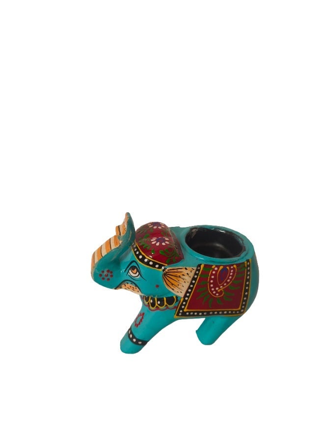 Artezaa Hand-Painted Wooden Elephant T-Light Holder (Set of 2) – Turquoise Blue - Image 2