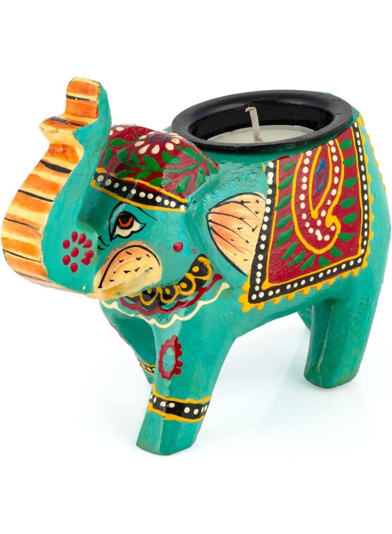 Artezaa Hand-Painted Wooden Elephant T-Light Holder (Set of 2) – Turquoise Blue - Image 4