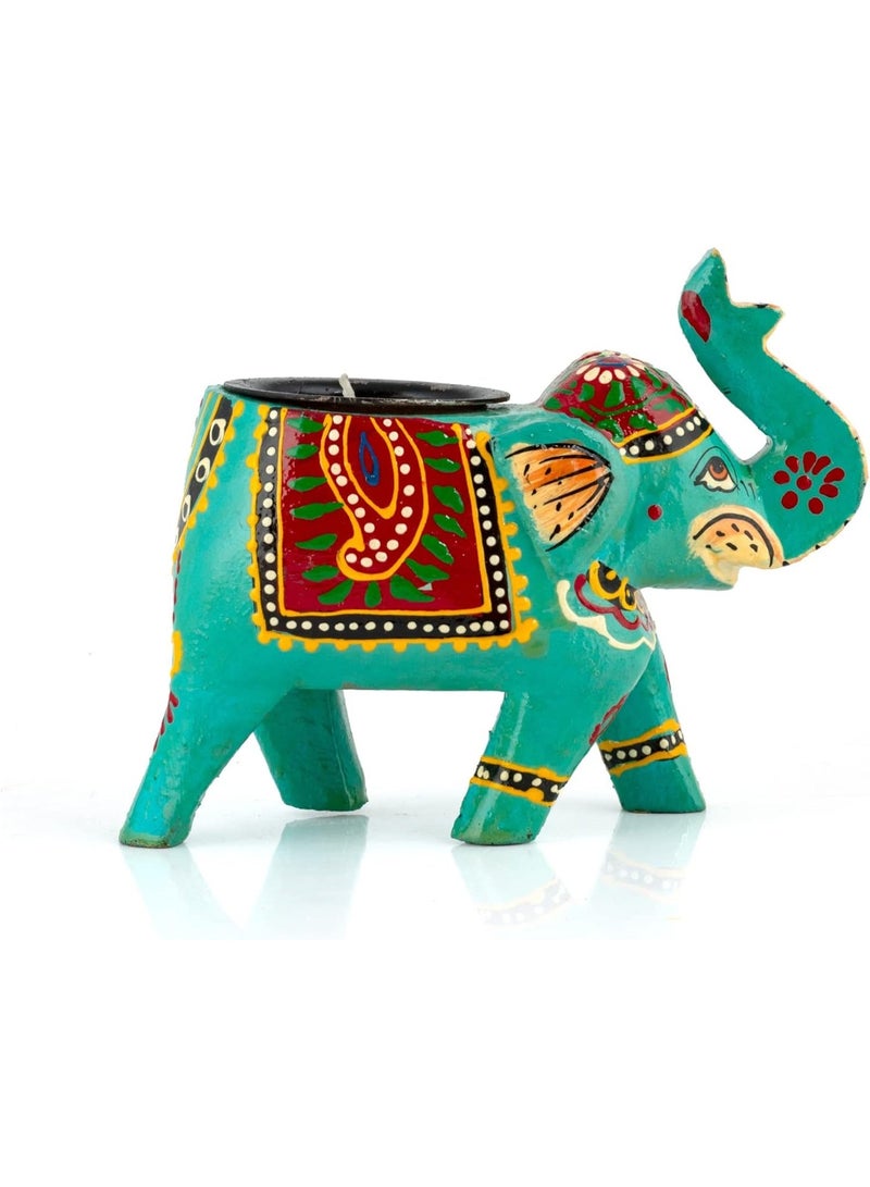 Artezaa Hand-Painted Wooden Elephant T-Light Holder (Set of 2) – Turquoise Blue - Image 5