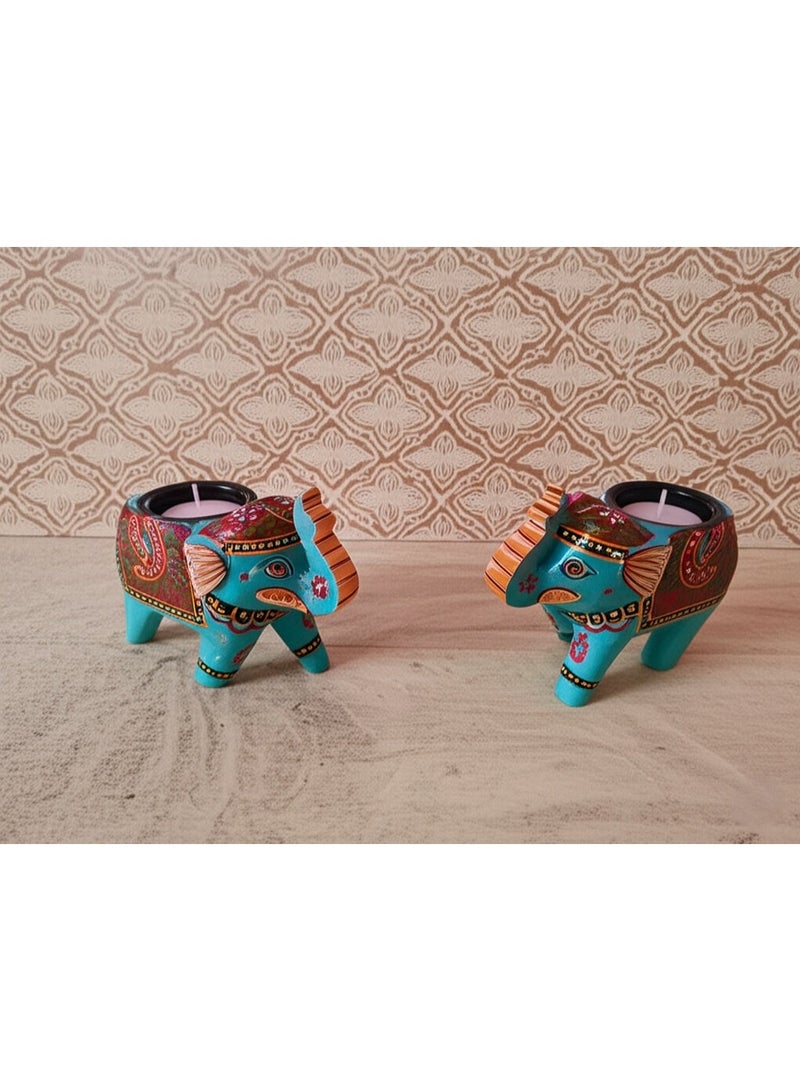 Artezaa Hand-Painted Wooden Elephant T-Light Holder (Set of 2) – Turquoise Blue - Image 1