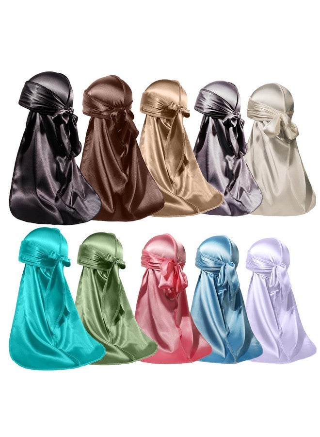 ForceWave 10 Pieces Silky Durags Long Tail For Women Men Satin Durag 360 Wave，Dorag, 10 Pieces - Image 1