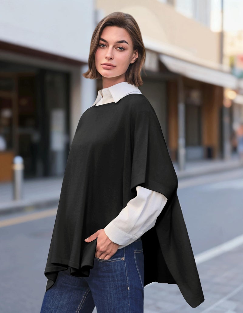 PULI Women's Pullover Poncho Sweater Oversized Loose Fit Soft Shawl Layering Tops for Office Travel Daily Wear,Fall Winter Black - Image 2