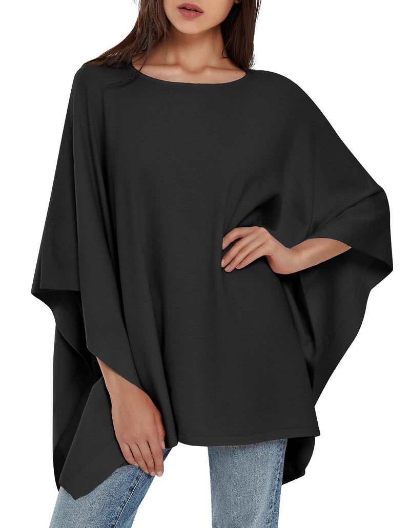 PULI Women's Pullover Poncho Sweater Oversized Loose Fit Soft Shawl Layering Tops for Office Travel Daily Wear,Fall Winter Black - Image 1