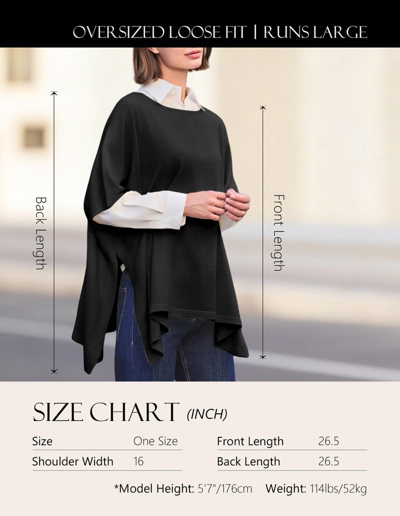 PULI Women's Pullover Poncho Sweater Oversized Loose Fit Soft Shawl Layering Tops for Office Travel Daily Wear,Fall Winter Black - Image 4