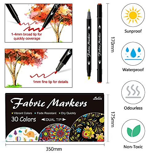 Lelix Fabric Markers, 30 Permanent Colors Dual Tip Fabric Pens for Writing Painting on T-Shirts Clothes Sneakers Canvas Pillowcases, Child Safe & Non-Toxic for Kids Adults - Image 2