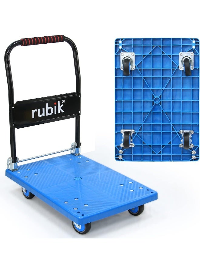 Rubik Rubik Platform Truck with 300kg Weight Capacity and 360 Degree Swivel Wheels, Foldable Push Hand Cart Flatbed Trolley for Pulling Moving Goods Cartons (Medium, 47x70cm, Blue/Black)  - Image 1