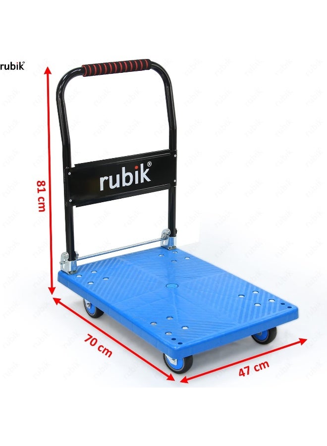 Rubik Rubik Platform Truck with 300kg Weight Capacity and 360 Degree Swivel Wheels, Foldable Push Hand Cart Flatbed Trolley for Pulling Moving Goods Cartons (Medium, 47x70cm, Blue/Black)  - Image 2