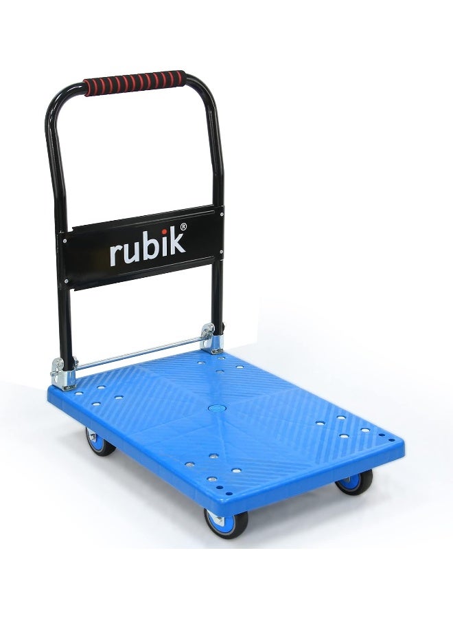 Rubik Rubik Platform Truck with 300kg Weight Capacity and 360 Degree Swivel Wheels, Foldable Push Hand Cart Flatbed Trolley for Pulling Moving Goods Cartons (Medium, 47x70cm, Blue/Black)  - Image 5