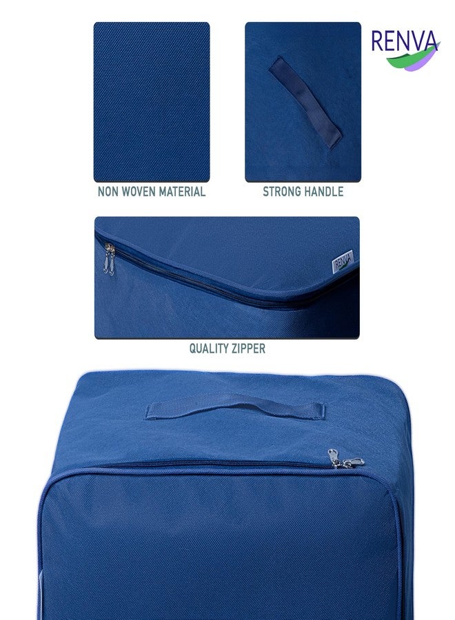 RENVA Underbed Moisture Proof Wardrobe Organizer Storage Bag for Clothes with Zipper Closure and Handle Square | Storage Container Box for Blankets, Bedsheets, Saree Bags & Garments (BLUE, PACK OF 4) - Image 4