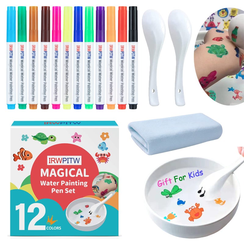 IRWPITW Magic Drawing Pen Bundle 12 Colors Magical Water Painting Pens for Kids Kiddies Create Magic Pen Floating Ink Drawings Set with Spoons and Towel Tattoo Water Marker Gifts for Boys and Girls - Image 2
