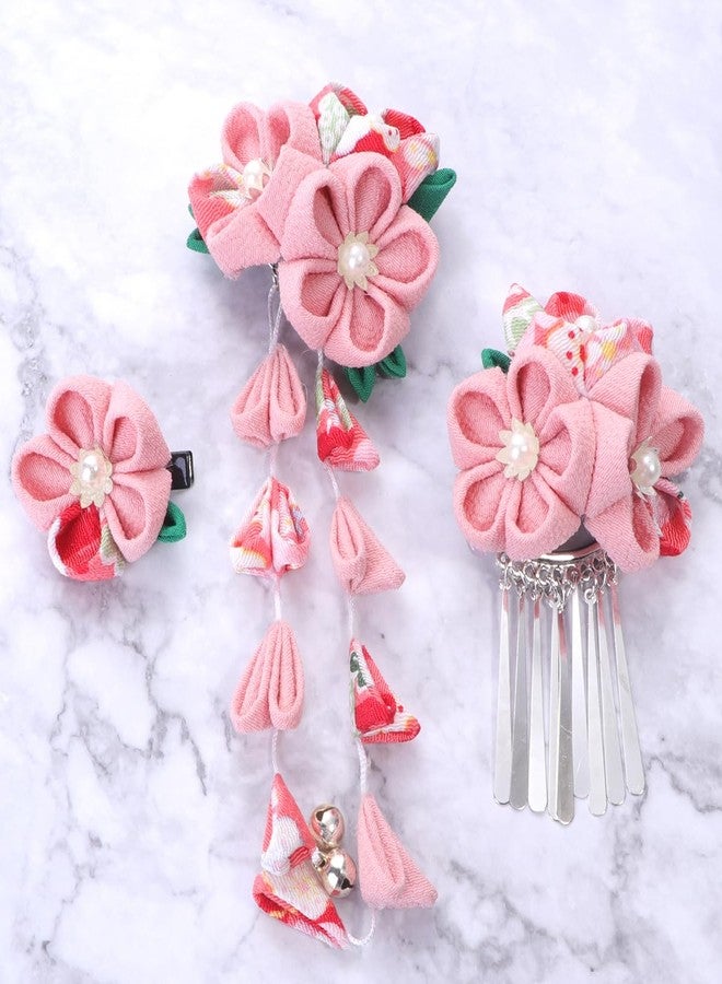 Lurrose Japanese Kimono Flower Hair Clips Tassel Hair Hairpins, 3Pcs Pink Metal Hair Accessories for Women - Image 3