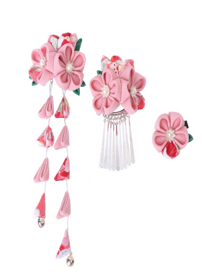Lurrose Japanese Kimono Flower Hair Clips Tassel Hair Hairpins, 3Pcs Pink Metal Hair Accessories for Women - Image 1