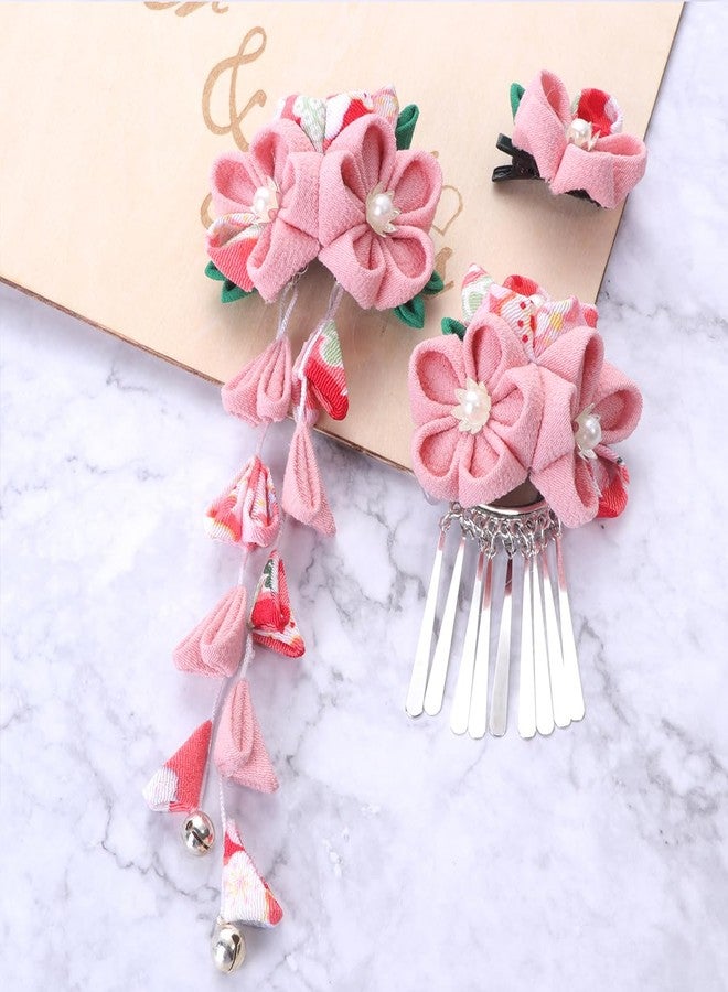Lurrose Japanese Kimono Flower Hair Clips Tassel Hair Hairpins, 3Pcs Pink Metal Hair Accessories for Women - Image 2