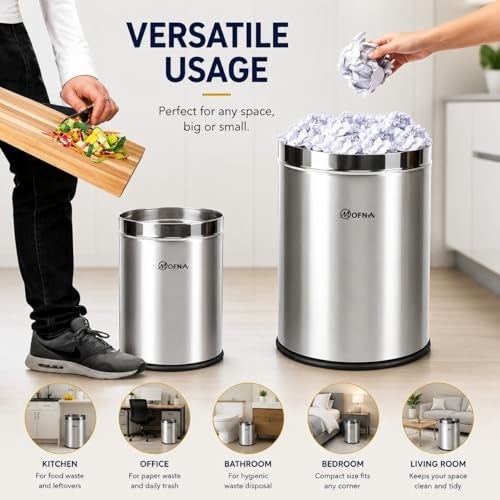 mofna Stainless Steel Open Top Dustbin For Home - 6L| Silver Modern Trash Can with Anti-skid Base | Rustproof Garbage Bin | For Kitchen, Bathroom, Office & Commercial use | 7 x10 Inch - Image 5