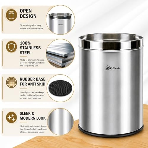 mofna Stainless Steel Open Top Dustbin For Home - 6L| Silver Modern Trash Can with Anti-skid Base | Rustproof Garbage Bin | For Kitchen, Bathroom, Office & Commercial use | 7 x10 Inch - Image 3