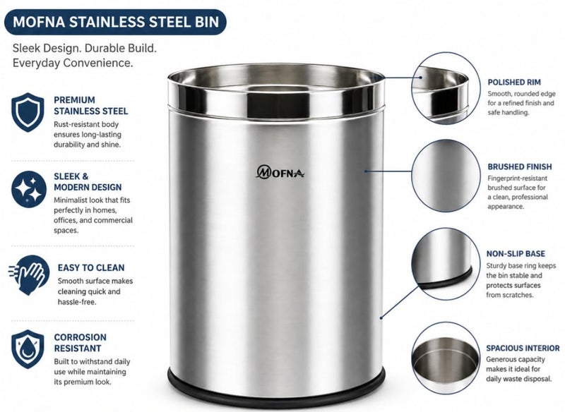 mofna Stainless Steel Open Top Dustbin For Home - 6L| Silver Modern Trash Can with Anti-skid Base | Rustproof Garbage Bin | For Kitchen, Bathroom, Office & Commercial use | 7 x10 Inch - Image 4