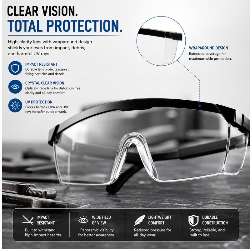 WULF  Safety Goggles Clear Anti Fog Protective Eyewear Industrial Safety Glasses for Construction Laboratory Workshop DIY Eye Protection Scratch Resistant Comfortable Fit Universal Use - Image 3