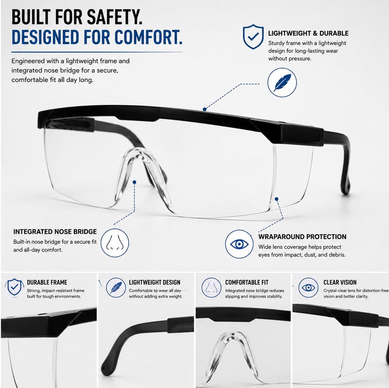 WULF  Safety Goggles Clear Anti Fog Protective Eyewear Industrial Safety Glasses for Construction Laboratory Workshop DIY Eye Protection Scratch Resistant Comfortable Fit Universal Use - Image 4