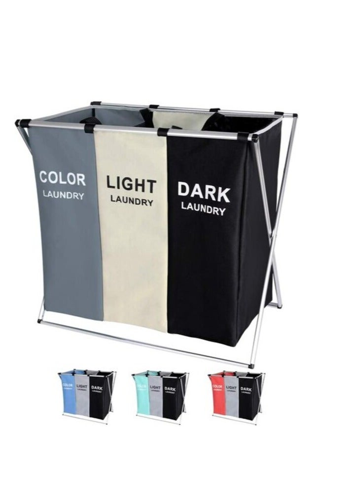 PROMASS 135L Laundry Hamper Sorter Basket Foldable 3 Sections With Aluminum Frame 25.5''×23''H Grey  - Image 1