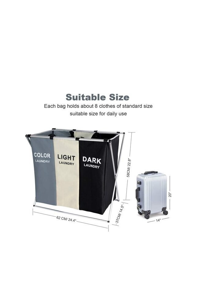 PROMASS 135L Laundry Hamper Sorter Basket Foldable 3 Sections With Aluminum Frame 25.5''×23''H Grey  - Image 3
