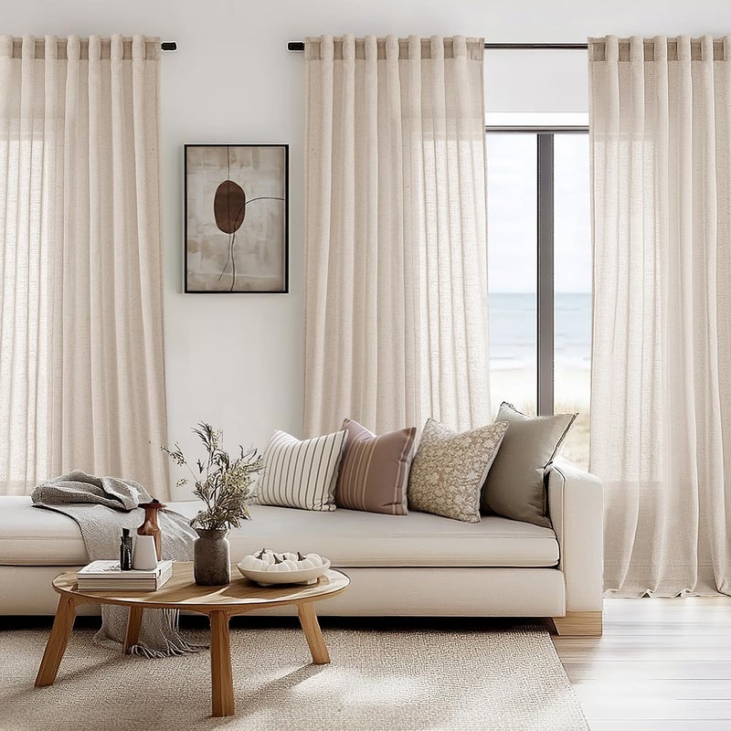 ANRODUO Tan Beige Linen Curtain 96 inch Length for Living Room Back Tab Semi Sheer Linen Drapes Modern Boho Country Rustic Window Treatment for Dinning Room Bedroom 96 inches Long 2 Panels Set - Image 2