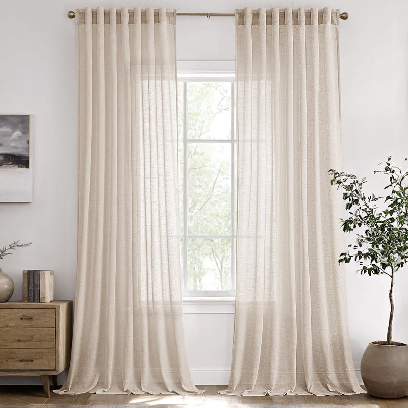 ANRODUO Tan Beige Linen Curtain 96 inch Length for Living Room Back Tab Semi Sheer Linen Drapes Modern Boho Country Rustic Window Treatment for Dinning Room Bedroom 96 inches Long 2 Panels Set - Image 1