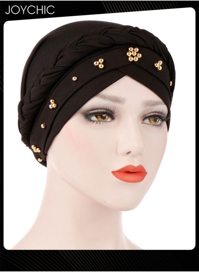 Joychic - Black Spring Autumn Turban Cap Women Wrap Beaded Braid Turban Islamic Muslim Fashion Moisture Wicking Hijab for Women Girls - Image 1