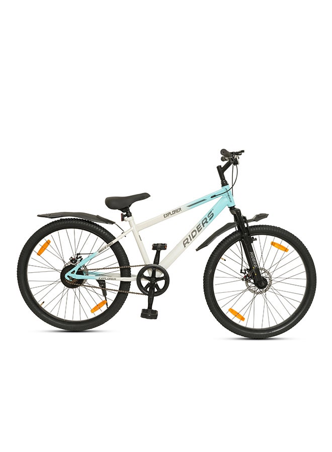 Riders Explorer 26T Premium Mountain Bicycle for Men & Women | Front Suspension, Dual Disc Brakes & Strong Steel Frame | Inner Cable Routing with Rear Carrier, Mud Guards & Multi-Terrain Tyres | City & Off-Road Cycle | Blue & White - Image 1