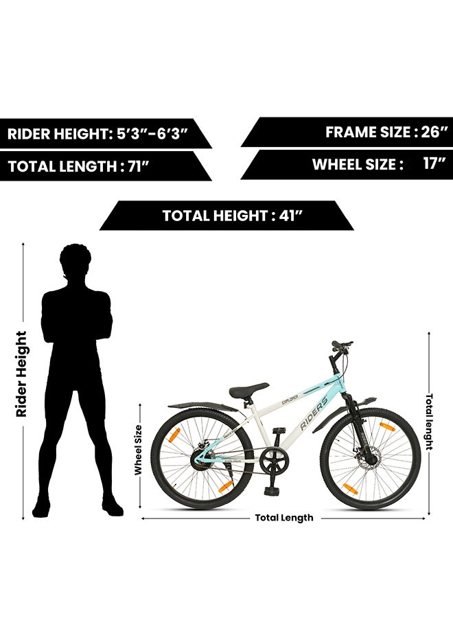 Riders Explorer 26T Premium Mountain Bicycle for Men & Women | Front Suspension, Dual Disc Brakes & Strong Steel Frame | Inner Cable Routing with Rear Carrier, Mud Guards & Multi-Terrain Tyres | City & Off-Road Cycle | Blue & White - Image 3