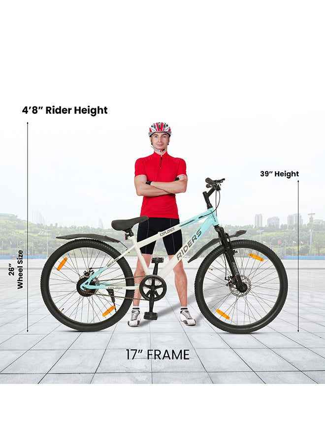 Riders Explorer 26T Premium Mountain Bicycle for Men & Women | Front Suspension, Dual Disc Brakes & Strong Steel Frame | Inner Cable Routing with Rear Carrier, Mud Guards & Multi-Terrain Tyres | City & Off-Road Cycle | Blue & White - Image 2