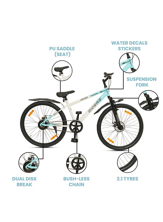 Riders Explorer 26T Premium Mountain Bicycle for Men & Women | Front Suspension, Dual Disc Brakes & Strong Steel Frame | Inner Cable Routing with Rear Carrier, Mud Guards & Multi-Terrain Tyres | City & Off-Road Cycle | Blue & White - Image 4