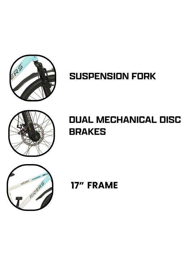 Riders Explorer 26T Premium Mountain Bicycle for Men & Women | Front Suspension, Dual Disc Brakes & Strong Steel Frame | Inner Cable Routing with Rear Carrier, Mud Guards & Multi-Terrain Tyres | City & Off-Road Cycle | Blue & White - Image 5